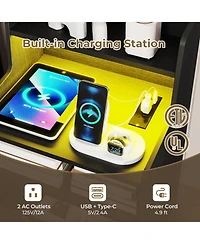 Sugift Led Nightstand with Rgb Lighting Charging Station and 2 Drawers