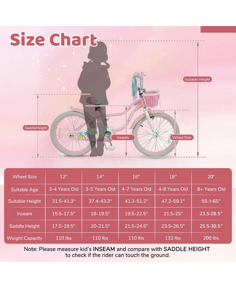 Hongge 20-Inch Mermaid Girls Bike with Dual Brakes and Front Basket, Ages 8+