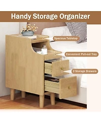 Sugift Solid Wood Narrow Nightstand with Pull-Out Tray and 2 Storage Drawers