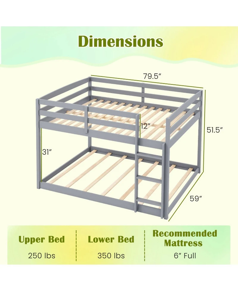Sugift Full over Full Low-to-Ground Bunk Bed with Guardrails and Ladder