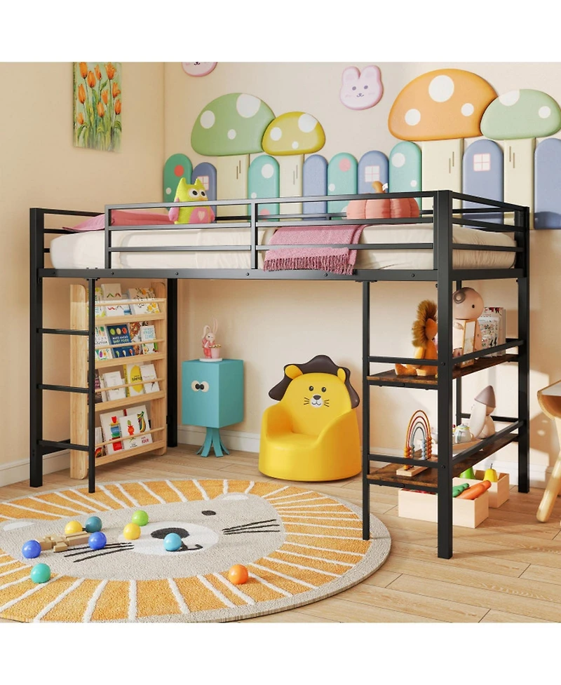 Sugift Low Loft Bed with Ladder and Storage Shelves Metal Frame