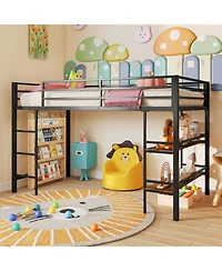 Sugift Low Loft Bed with Ladder and Storage Shelves Metal Frame
