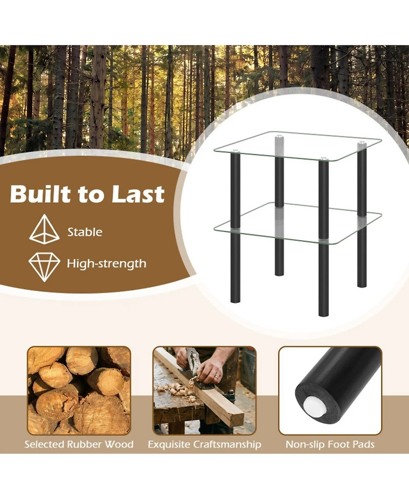 Sugift 2-Tier Square End Table with Tempered Glass Top and Rubber Wood Legs