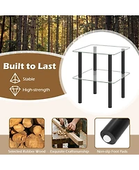 Sugift 2-Tier Square End Table with Tempered Glass Top and Rubber Wood Legs