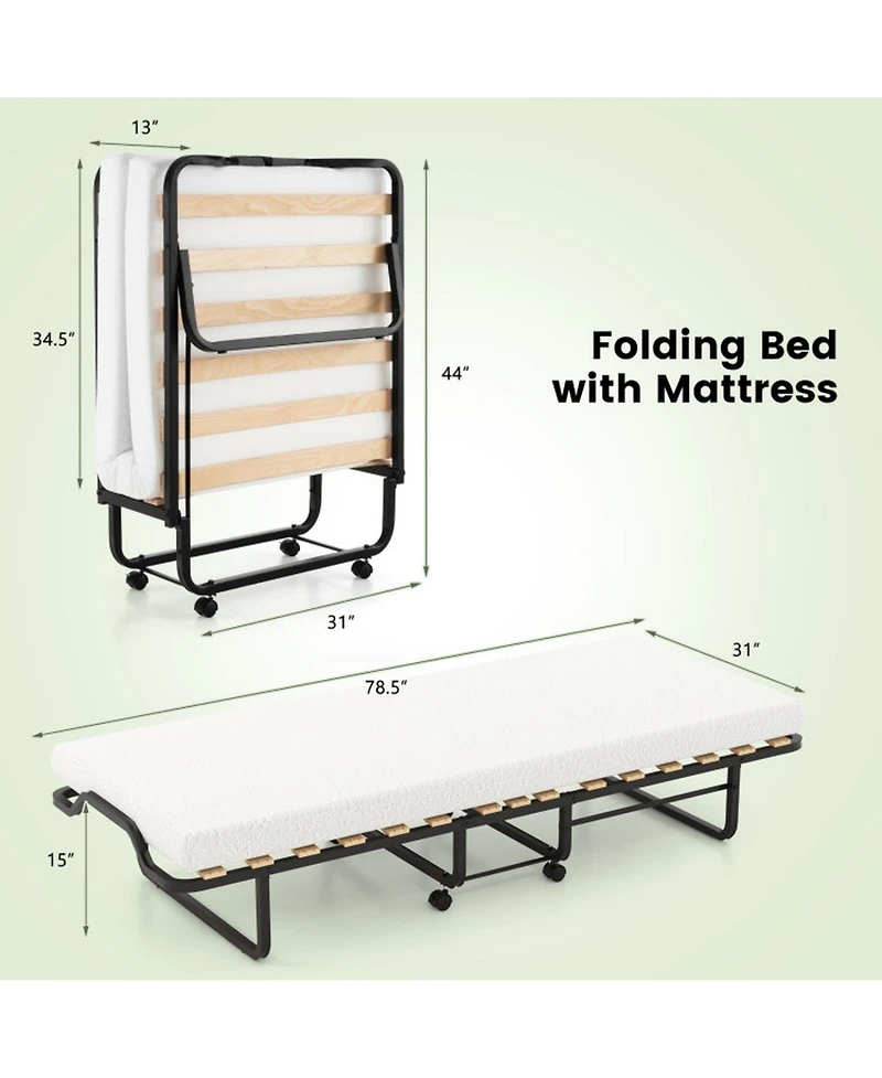 Sugift Folding Rollaway Guest Bed with 4-Inch Memory Foam Mattress and Locking Wheels