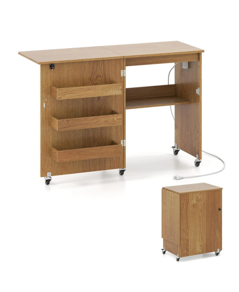 Sugift Foldable Sewing Machine Craft Table with Charging Station and Locking Casters