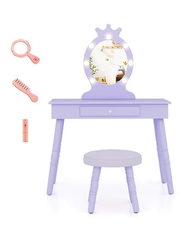 Sugift Kids Vanity Table and Stool Set with 3-Color Lighted Detachable Mirror and Storage Drawer