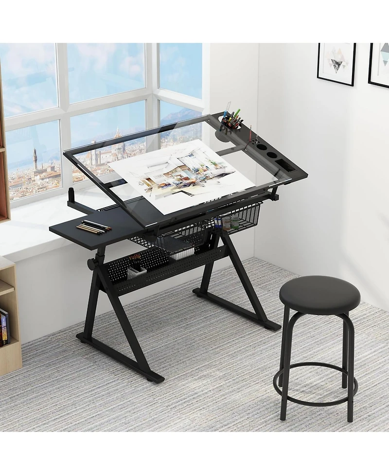 homfan Height Adjustable Drafting Table with Stool, Tilting Glass Top Art Desk with 2 Drawers