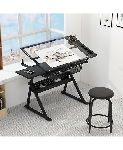 homfan Height Adjustable Drafting Table with Stool, Tilting Glass Top Art Desk with 2 Drawers