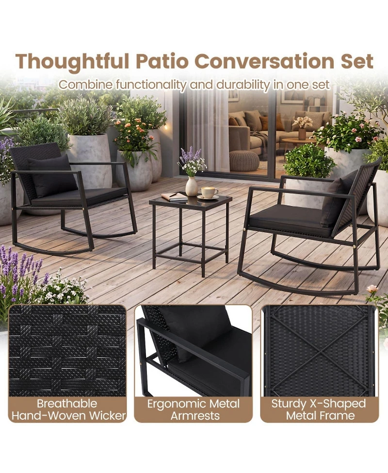 Sugift 3-Piece Outdoor Rocking Bistro Set with Cushions and Tempered Glass Table
