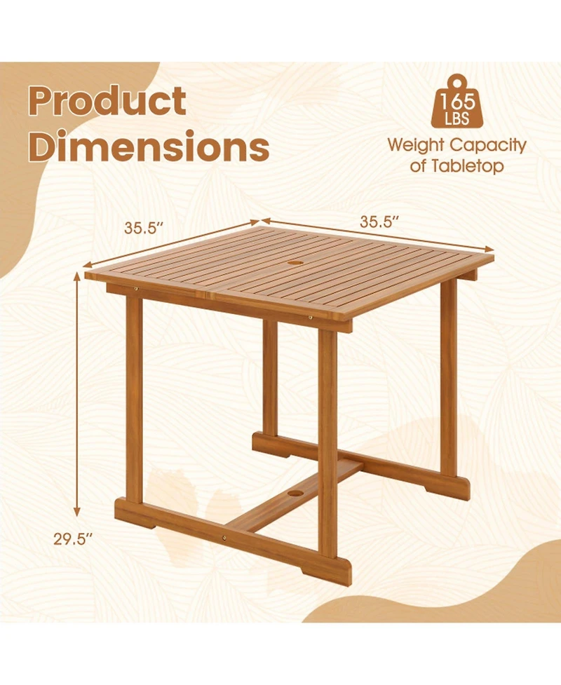 Sugift 35.5-Inch Acacia Wood Outdoor Dining Table with Umbrella Hole for 4