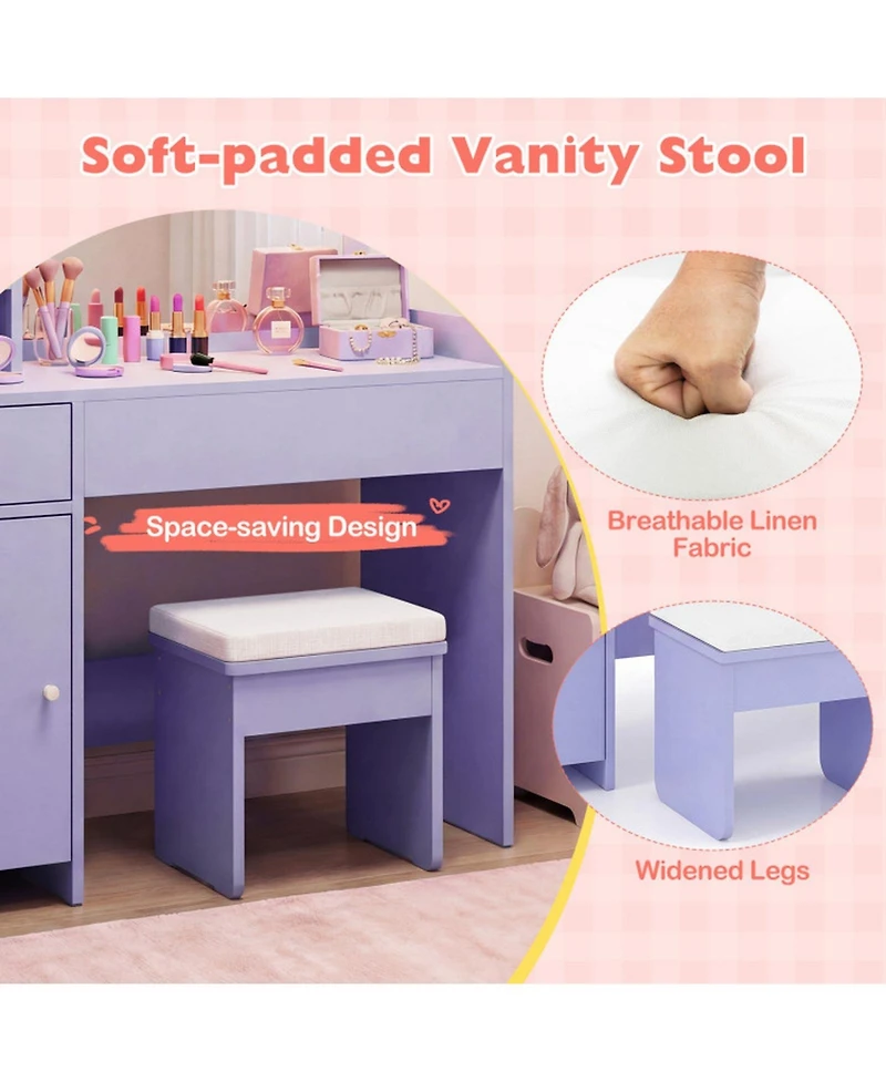 Sugift Kids Vanity Desk and Stool Set with Cloud-Shaped Lighted Mirror and Side Cabinet