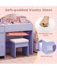 Sugift Kids Vanity Desk and Stool Set with Cloud-Shaped Lighted Mirror and Side Cabinet