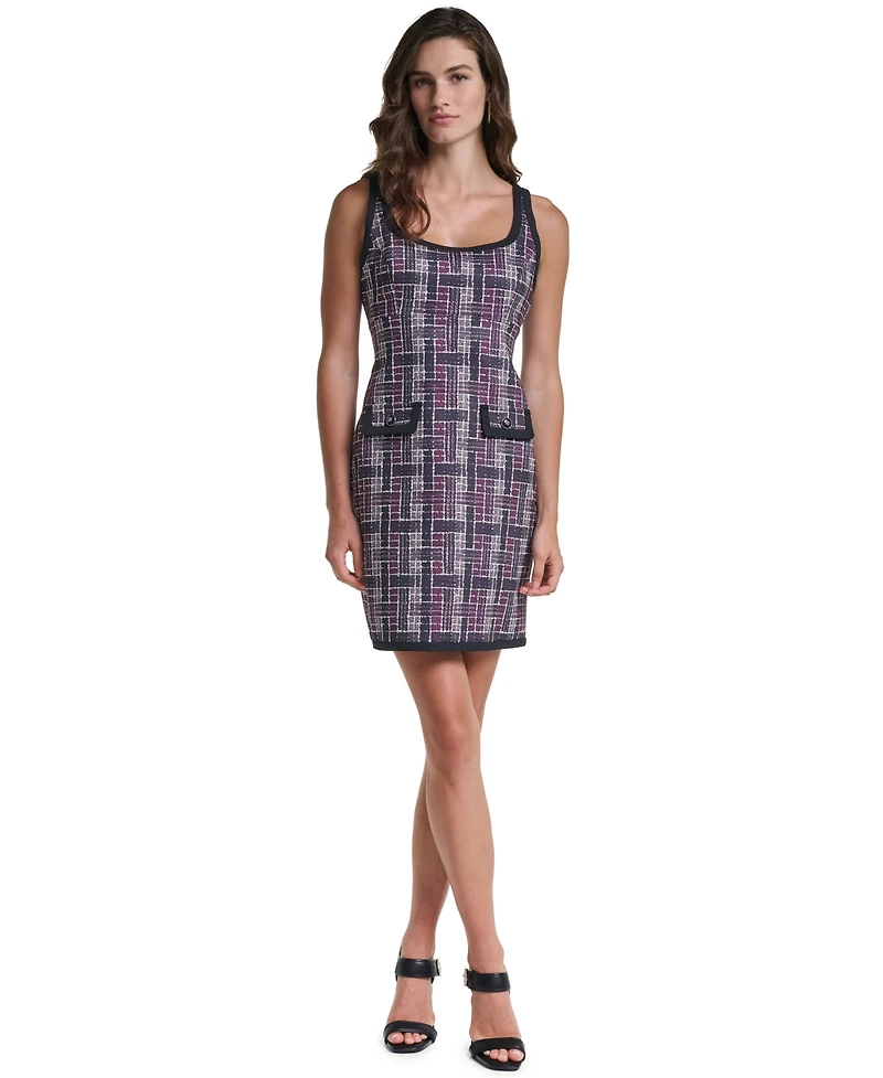Karl Lagerfeld Paris Women's Printed Plaid Scoop Neck Sleeveless A-Line Dress
