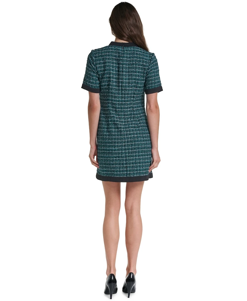 Karl Lagerfeld Paris Women's Tweed A-Line With Neck Tie Plaid Short-Sleeve Dress