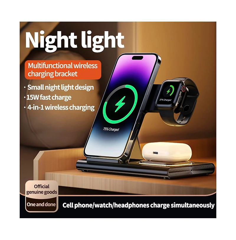 Artudatech 4-in-1 Foldable 15W Fast-Charging Wireless Charger with Night Light, Compatible with iPhone, Apple Watch, and AirPods
