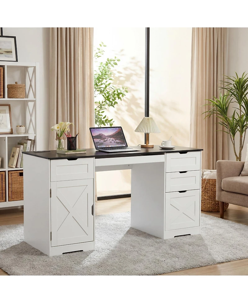 homfan 59" Farmhouse Computer Desk with 4 Drawers, Charging Station and Keyboard Tray