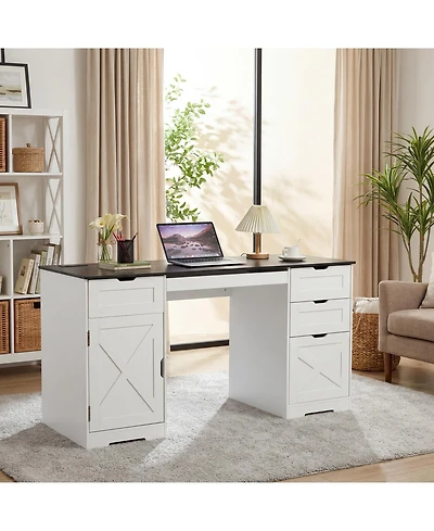 homfan 59" Farmhouse Computer Desk with 4 Drawers, Charging Station and Keyboard Tray