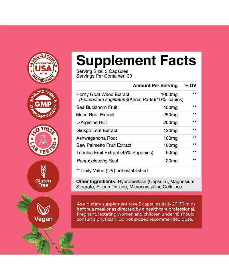 Goat Weed for Women Capsules, Female Support Blend, Ashwagandha Panax Ginseng & Maca Root, Increase Drive Energy & Mood, Nature's Craft, 90ct