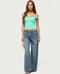 Edikted Women's Low-Rise Wide-Leg Rhinestone Jeans, 32" Inseam