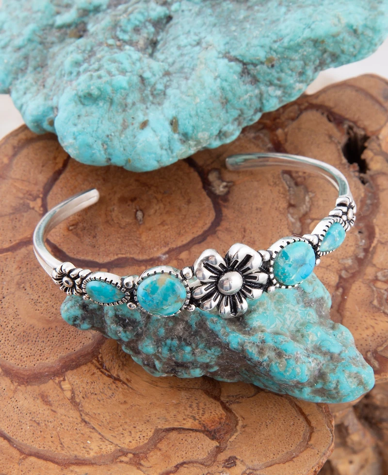 Barse Floral Blue Turquoise and Silver Cuff Bracelet