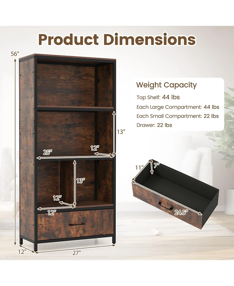 Costway 5-Tier Industrial Freestanding Bookcase with 4 Storage Compartments and Fabric Drawer