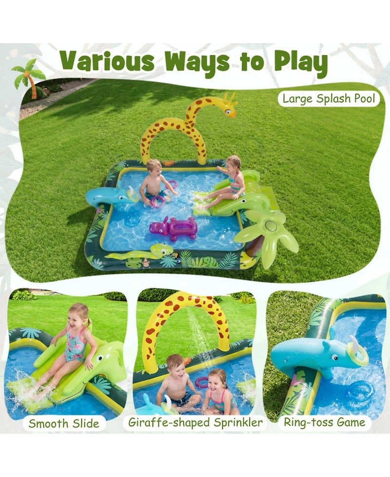 Hongge Jungle Animal Inflatable Spray Pool Play Center with Slide and Sprinkler Ages 2-6