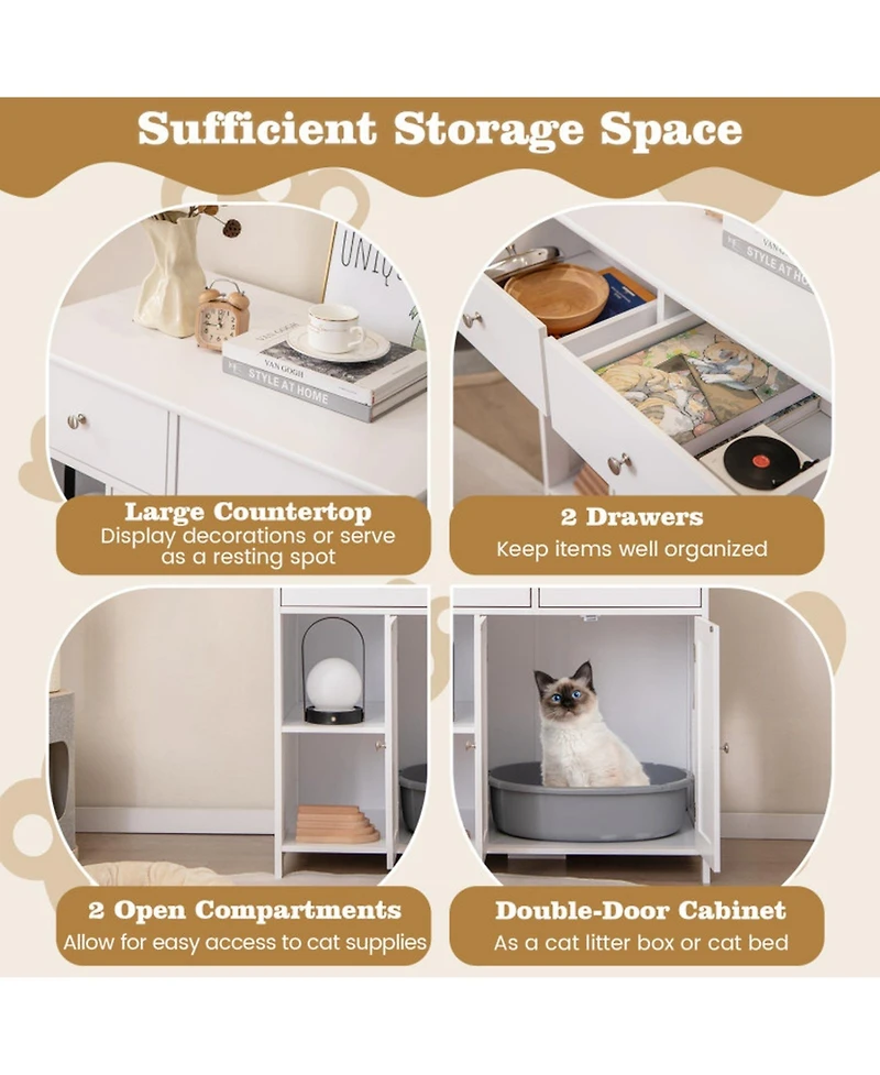 Sugift Hidden Cat Washroom Side Cabinet Wooden Pet House with 2 Drawers 31.5in x 20in x 31in