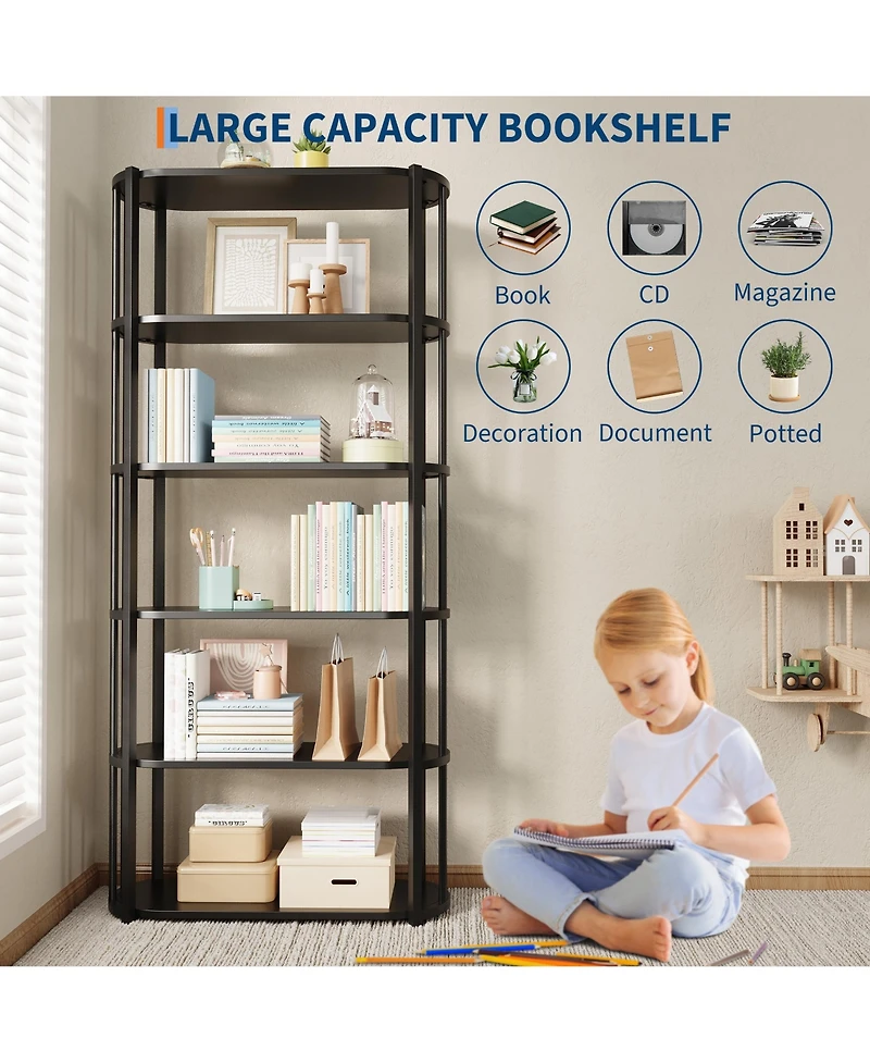 homfan Modern 71'' Tall 6-Tier Industrial Bookshelf, Sturdy Freestanding Metal Bookcase with Wooden Shelves, Open Storage Rack for Living Room,Bedroom