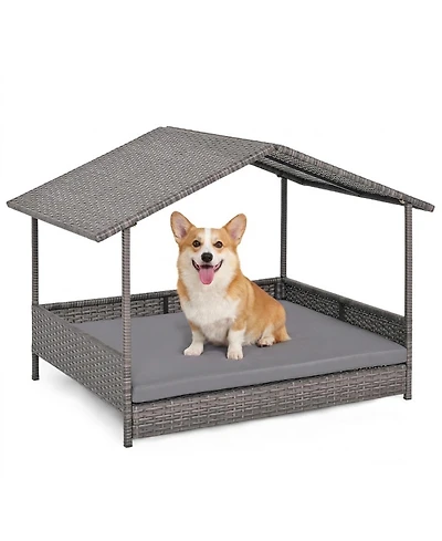 Sugift Elevated Wicker Dog House Pe Rattan Dog Bed With Canopy