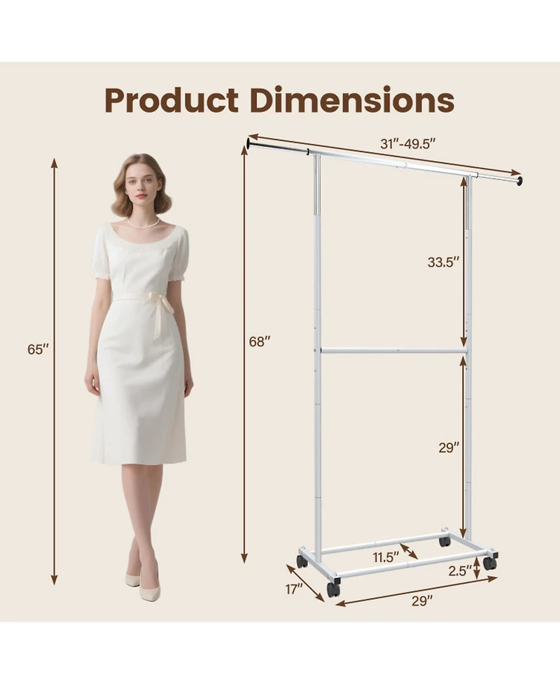 Sugift Rolling Double-Rod Clothes Rack with 9.5in Extension Rods and 3-Level Adjustable Height