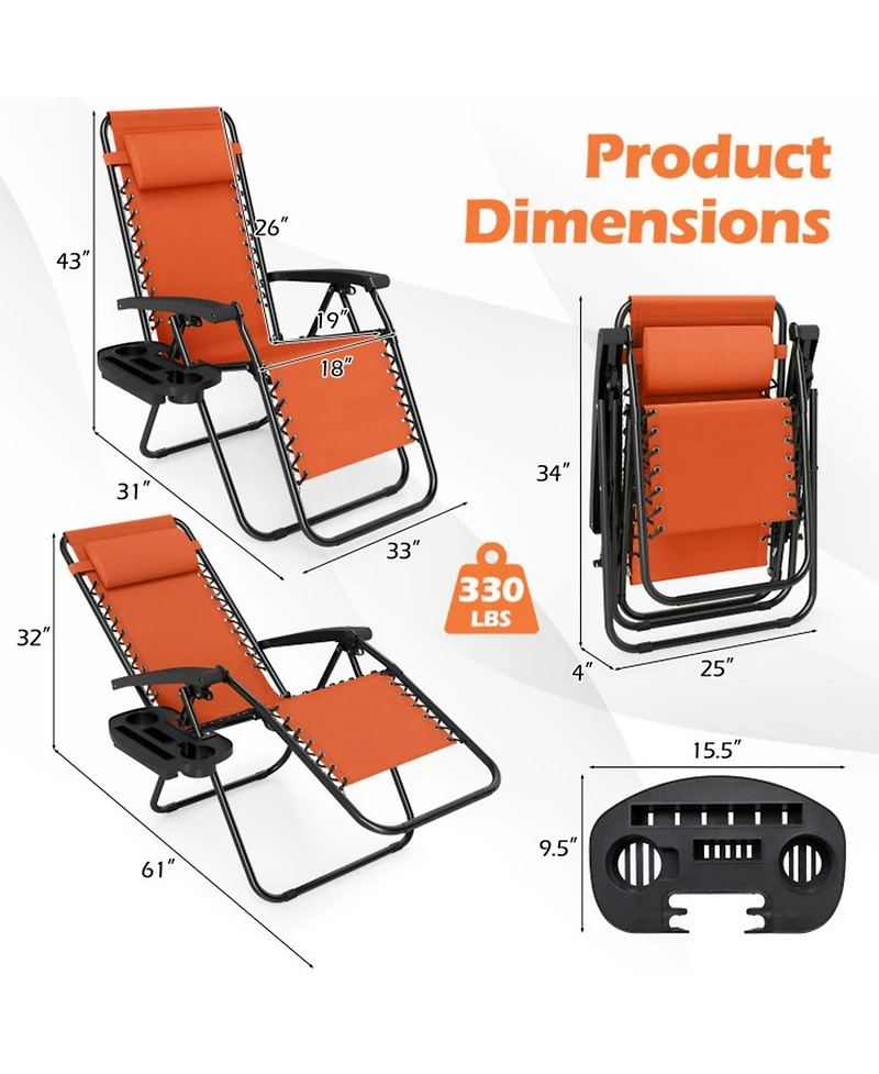 Sugift Portable Zero Gravity Chair with Cup Holder Tray and 160degree(s) Adjustable Backrest