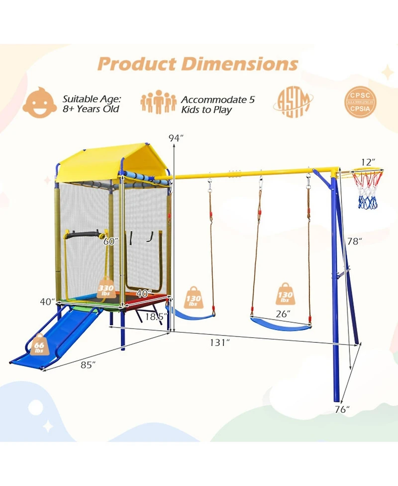 Sugift 5-in-1 Metal Swing Set with Slide, Trampoline & Basketball Hoop, Ages 8+
