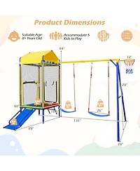 Sugift 5-in-1 Metal Swing Set with Slide, Trampoline & Basketball Hoop, Ages 8+