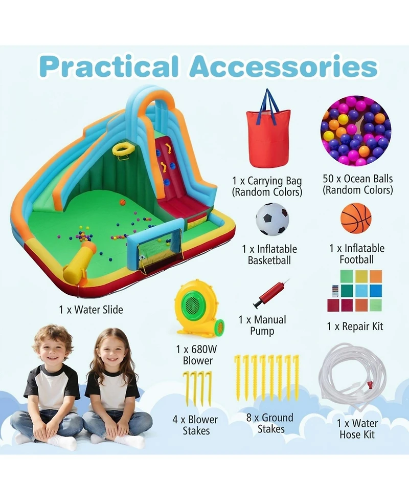Sugift 6-in-1 Inflatable Oxford Cloth Water Slide Park Bounce House With Long Slide Splash Pool Climbing Wall, Wet or Dry Play, Ages 3-12