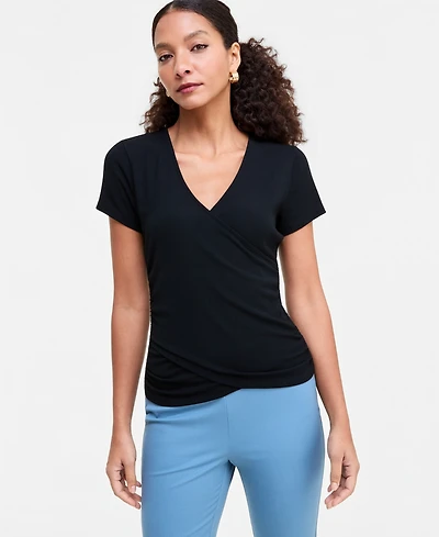 I.n.c. International Concepts Women's Short Sleeve Rib Knit Faux Wrap T-Shirt, Macy's Exclusive