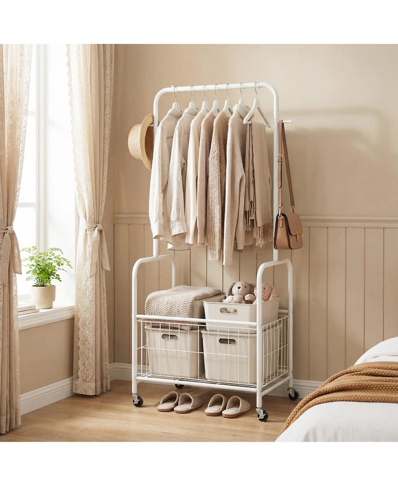 Sugift 3-in-1 Rolling Metal Clothes Rack with Hanging Rod Storage Basket and 2 Side Hooks