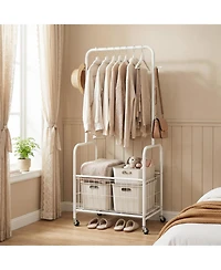 Sugift 3-in-1 Rolling Metal Clothes Rack with Hanging Rod Storage Basket and 2 Side Hooks