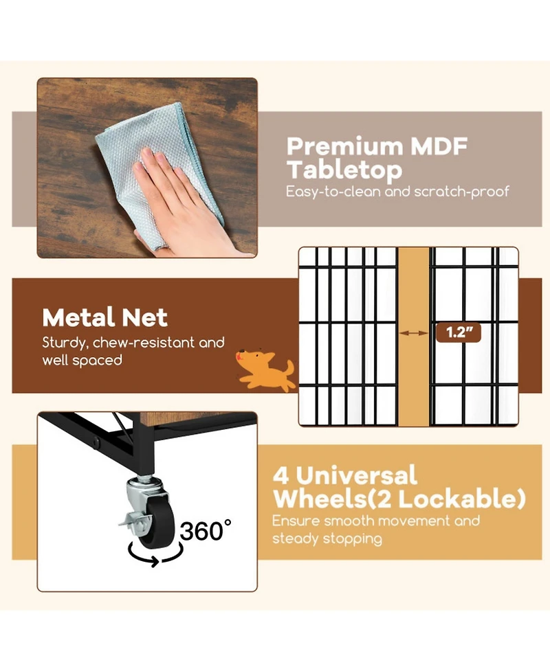 Hongge 38 in Mobile Industrial Dog Kennel with Flip-Up Tabletop