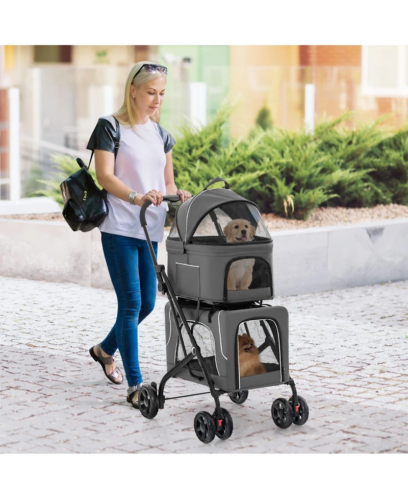 Hongge Foldable Double Pet Stroller with 2 Detachable Pet Carriers