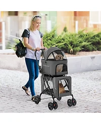 Hongge Foldable Double Pet Stroller with 2 Detachable Pet Carriers