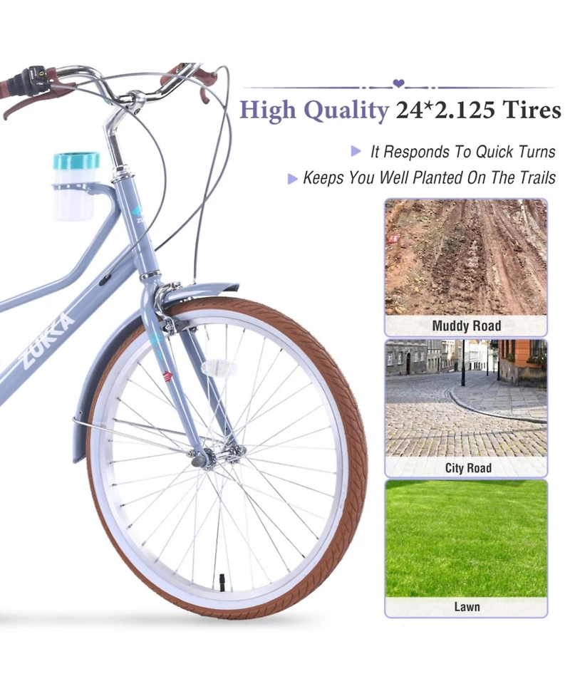 ECHTPeak 24 Inch Cruiser Bike,6 Speed Step-Through Commuter Bicycle with Rear Rack and Cup Holder,City Bike