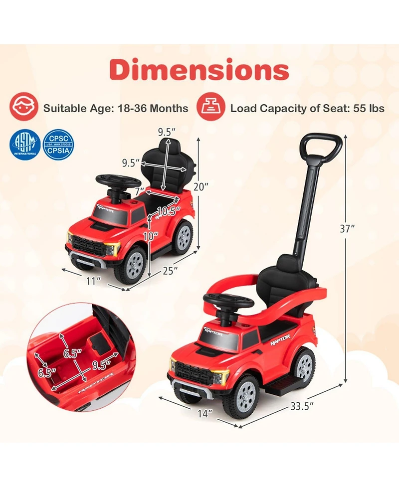 Hongge 3-In-1 Toddler Push Car with Detachable Handlebar, 55 lbs Capacity, Ages 18-36 Months
