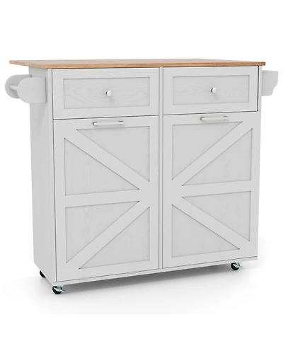Sugift Rolling Kitchen Island with Trash Can Cabinet Drop-Leaf and Rubber Universal Wheels