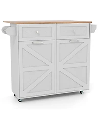 Sugift Rolling Kitchen Island with Trash Can Cabinet Drop-Leaf and Rubber Universal Wheels
