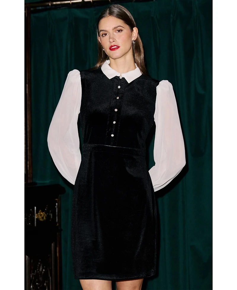 Yumi Women's Contrast Long Sleeve Velvet Mini Dress