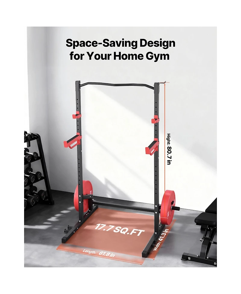 Sugift 1000LBS Multifunctional Power Cage Squat Rack with 4 Band Pegs Adjustable J-Hooks Safety Bars