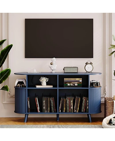 homfan 55" Round Mid-Century Tv Stand and Media Console with Vinyl Storage and Charging Station, Open Shelves