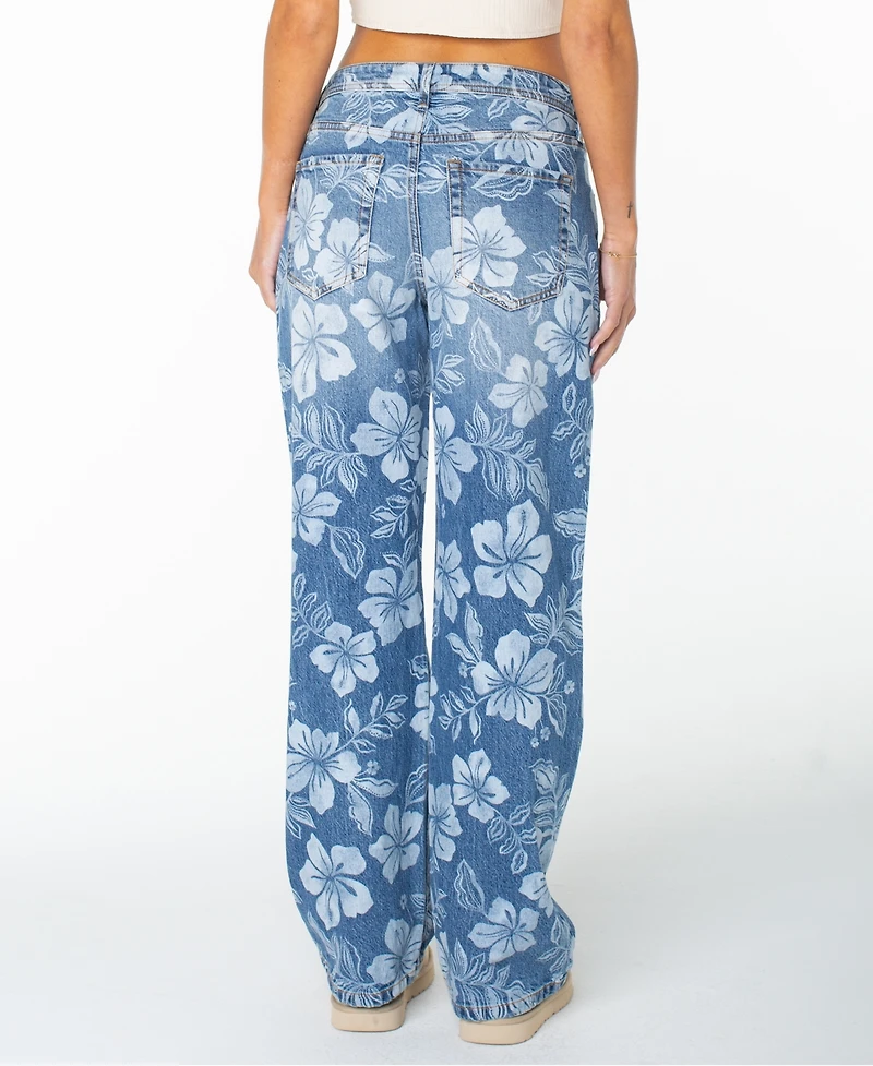 Roxy Women's Haven Flora Low-Rise Straight-Leg Floral-Print Jeans