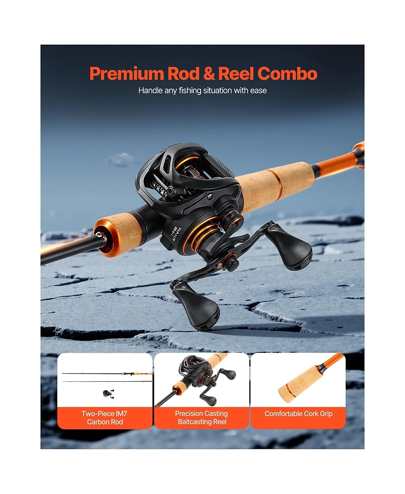 Sugift IM7 Carbon Fiber Baitcasting Rod and Reel Combo 6 Plus 1 Bb 7.0:1 Gear Ratio Cork Handle